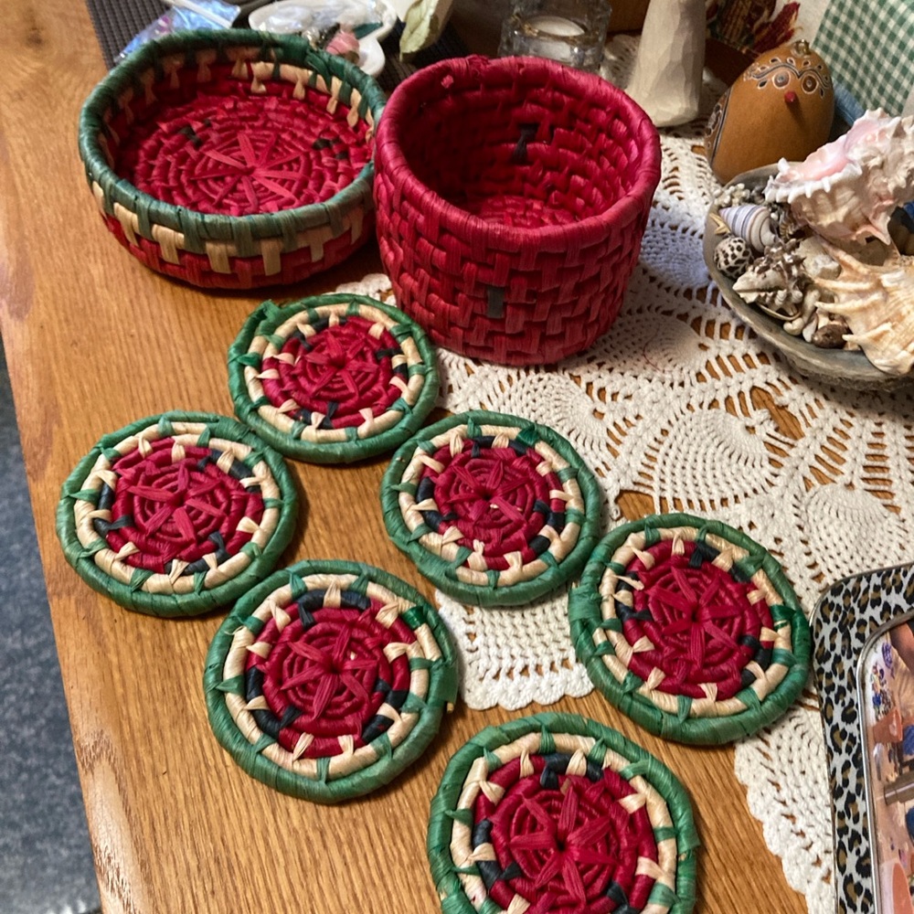 Woven Round Red & Teal Decorative Storage Basket with Lid